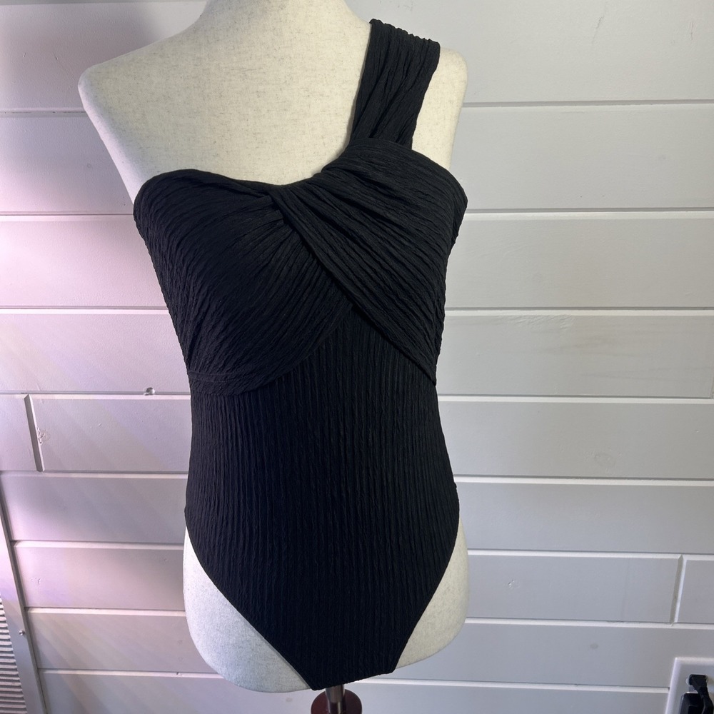 Woman's Black Crinkle One Shoulder Body Suit Dressy & Sexy